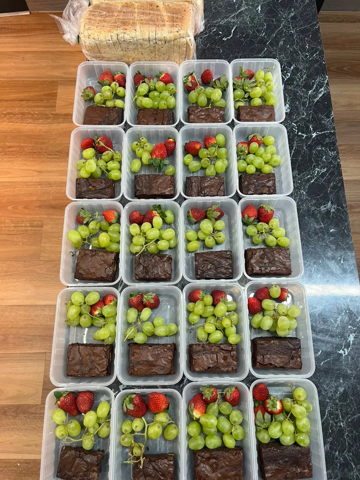 Ballarat Catering Company dessert cups with fresh strawberries, grapes and chocolate brownie
